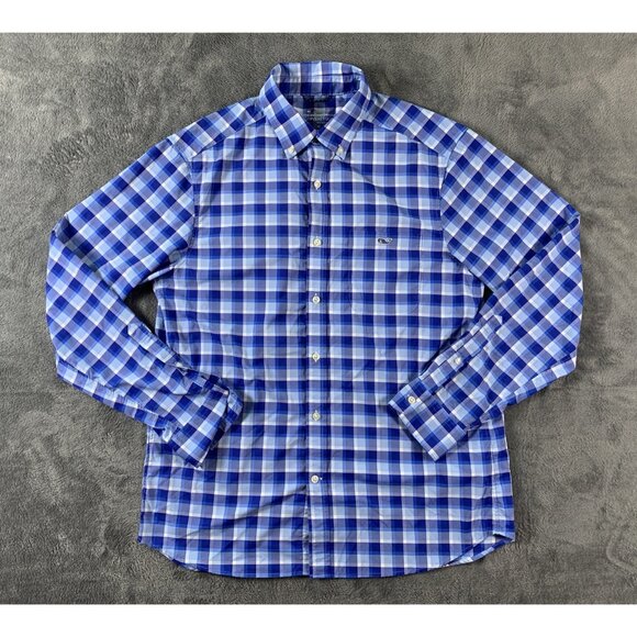 Vineyard Vines On The Go Performance Shirt Mens M Blue Plaid OTG Button Down - Picture 2 of 7